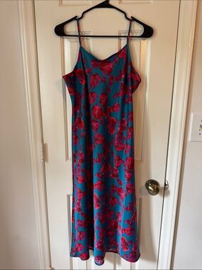 Teal Midi Slip Dress with Pink Floral Print